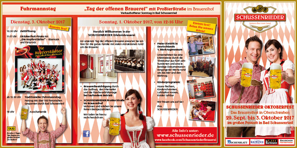 Party Flyer: Schussenrieder Oktoberfest - Das Brauereifest in Oberschwaben vom 29.9.-3.10.2017 am 01.10.2017 in Bad Schussenried