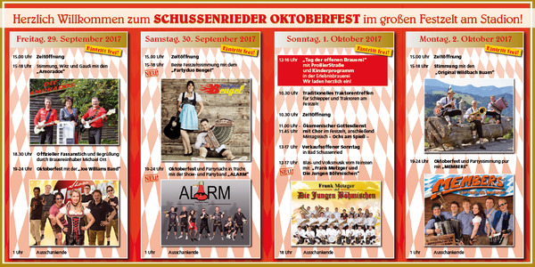 Party Flyer: Schussenrieder Oktoberfest - Das Brauereifest in Oberschwaben vom 29.9.-3.10.2017 am 02.10.2017 in Bad Schussenried